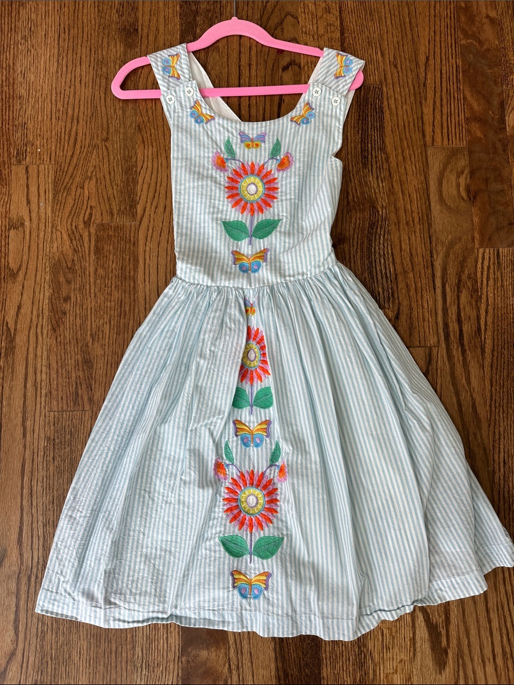 Mini Boden Light Blue & White Striped Dress with Bright Floral Embroidery